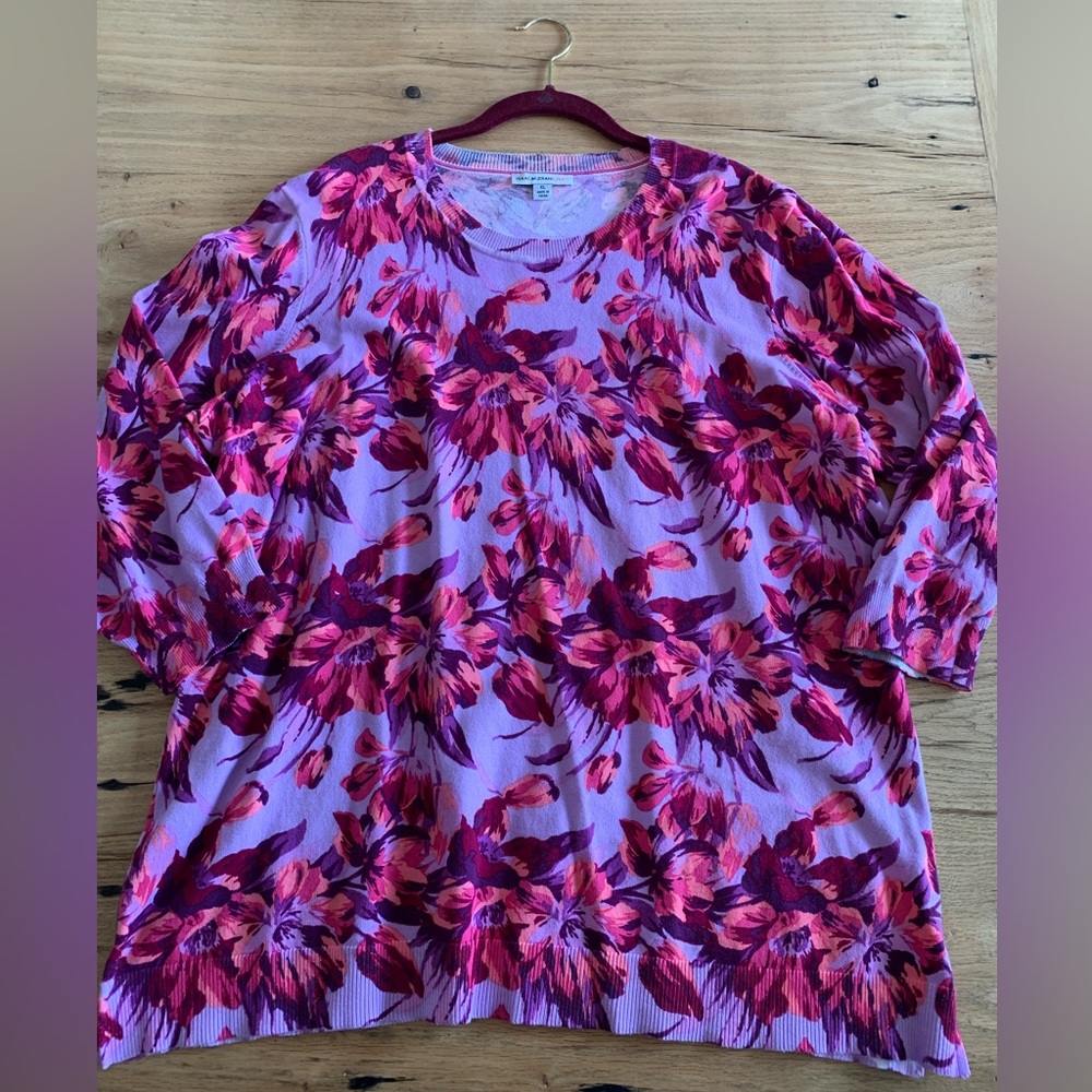 Isaac Mizrahi Floral Crew Neck Sweater‎ Floral Purple Pink Women’s XL Cotton Pre